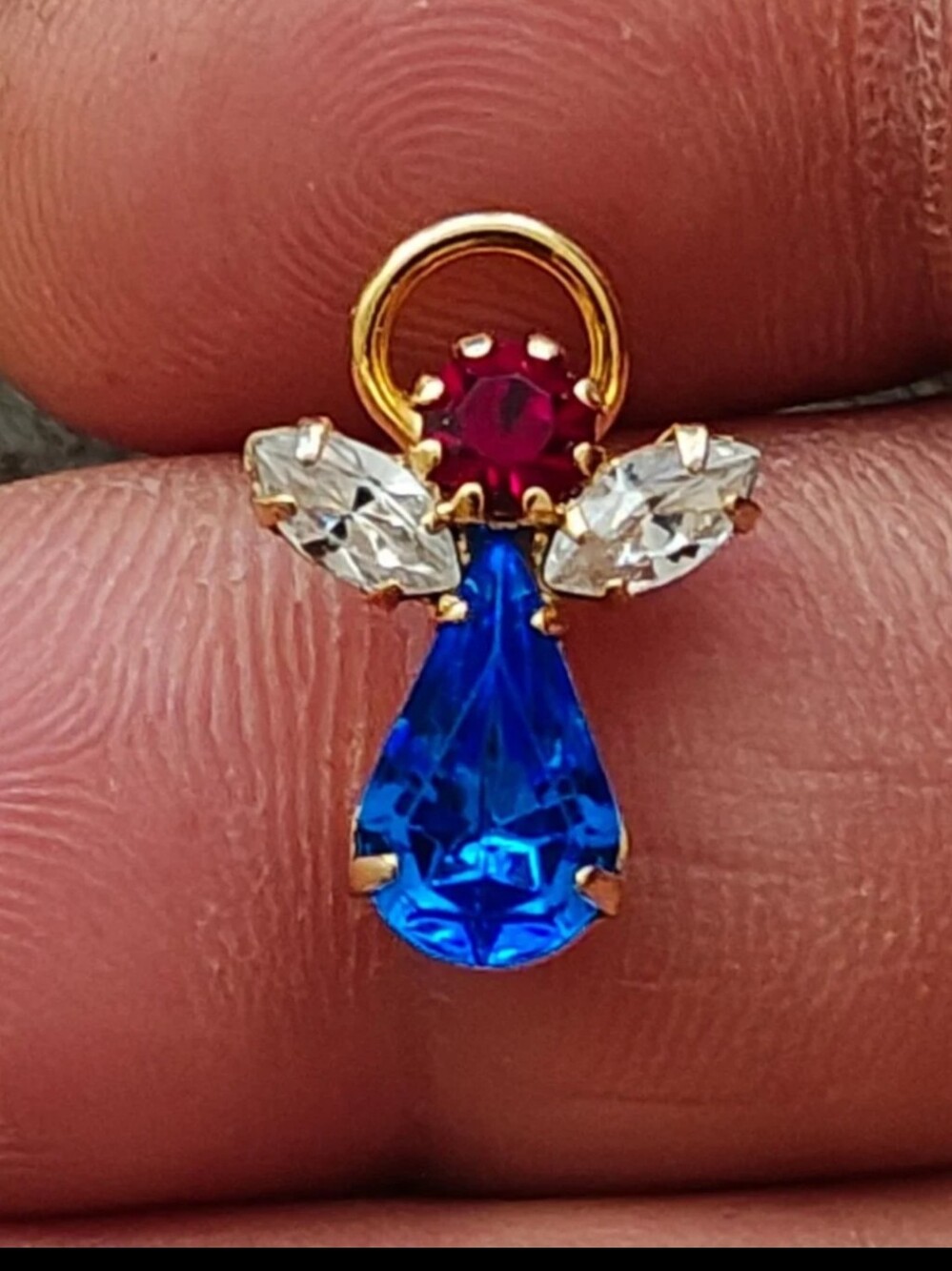 1990s Gold Tone With Red, White & Blue Rhinestones Small Patriotic Angel Pin